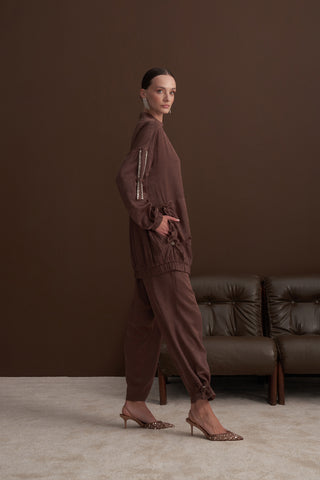 Cep ve Önü Fermuar Detaylı Ceket Takım - kahve