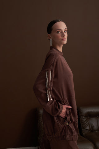 Cep ve Önü Fermuar Detaylı Ceket Takım - kahve