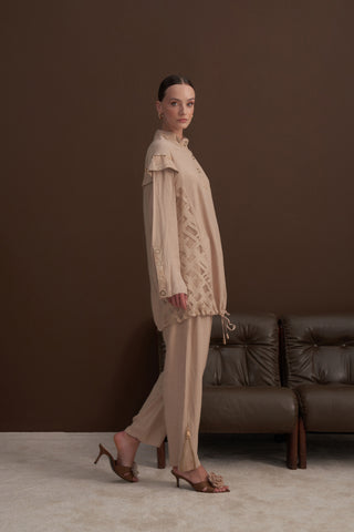 Ön Patlı ve Kollarda Boncuk İşleme Detaylı Takım - bej