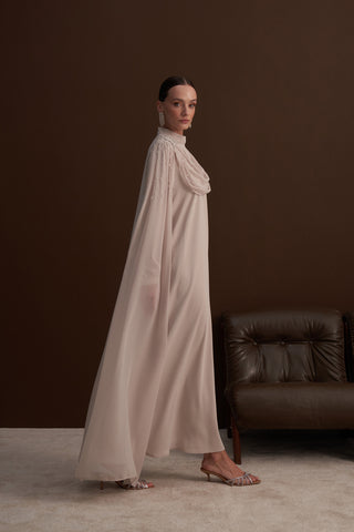 Degaje Dökümlü El İşi Boncuk Detaylı Pelerin Elbise - bej