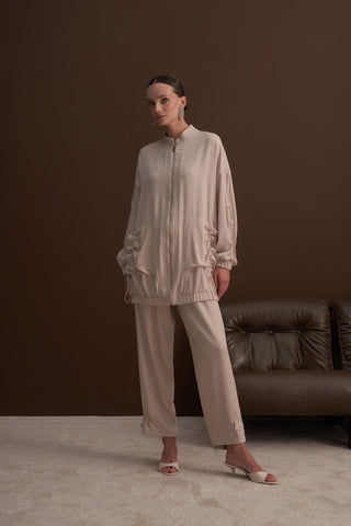 Cep ve Önü Fermuar Detaylı Ceket Takım - bej