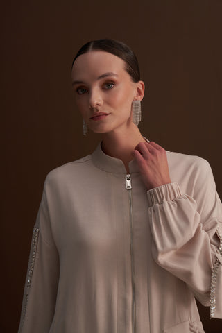 Cep ve Önü Fermuar Detaylı Ceket Takım - bej