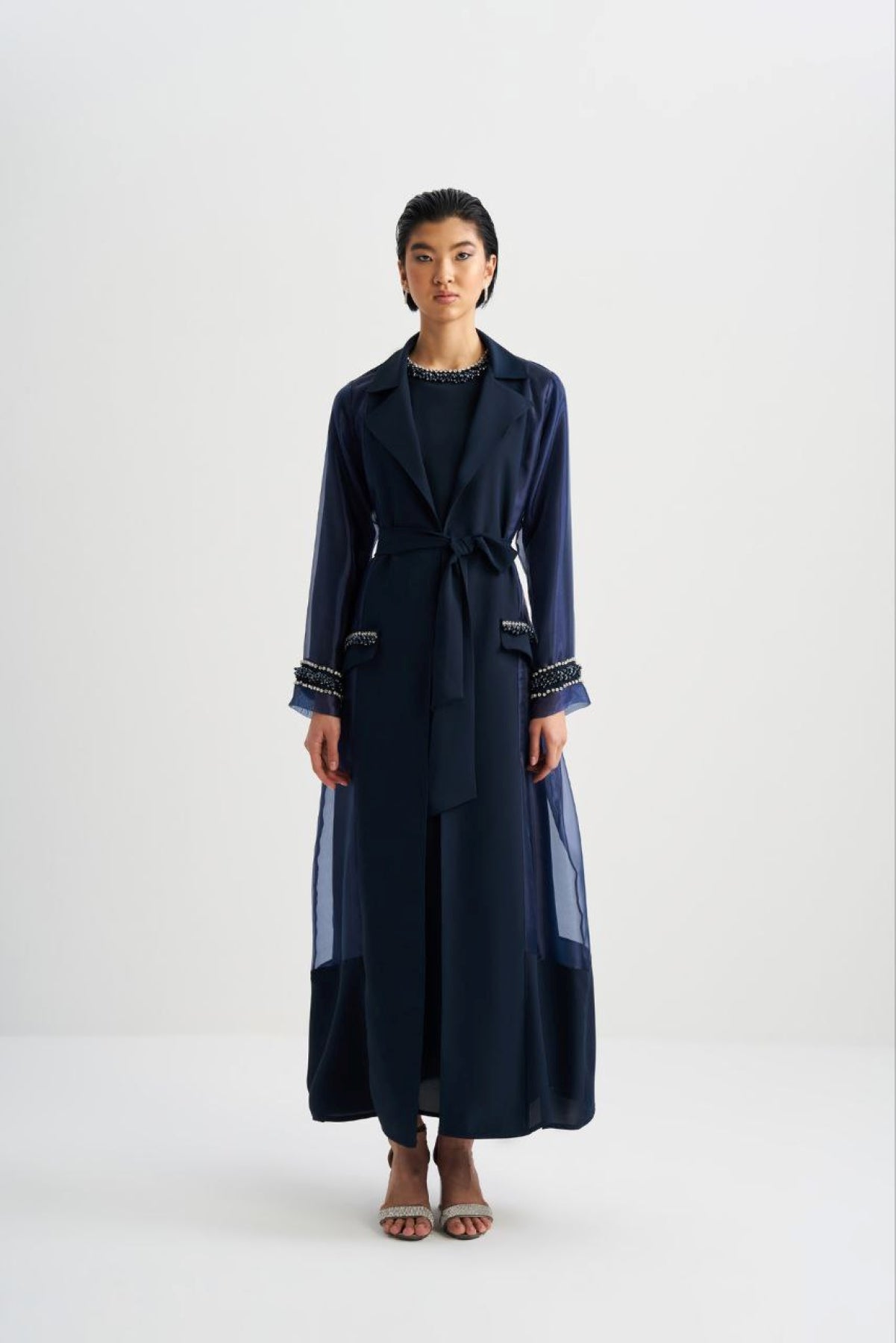 Cepleri Taş İşlemeli Organze Abaya - lacivert