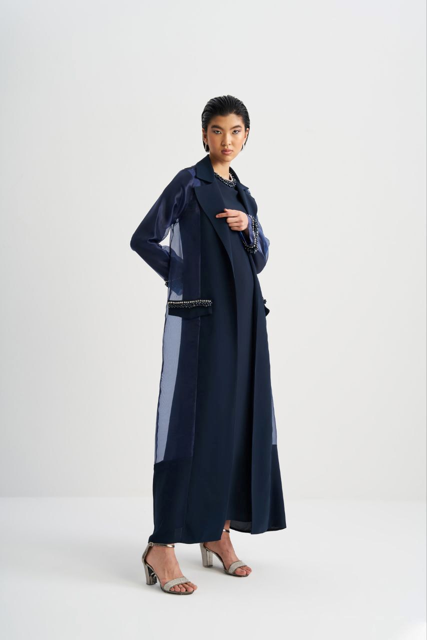 Cepleri Taş İşlemeli Organze Abaya - lacivert