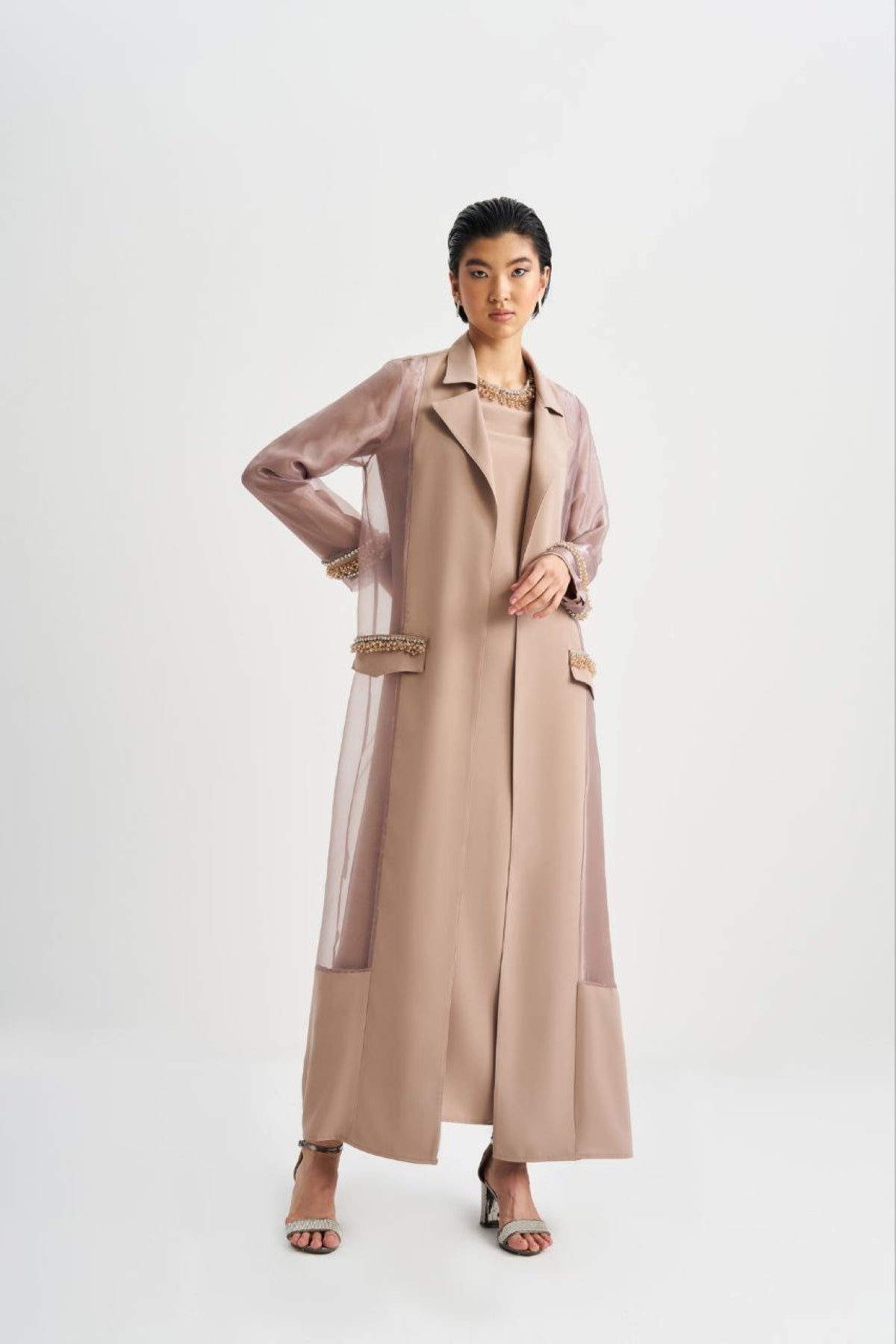 Cepleri Taş İşlemeli Organze Abaya - bej