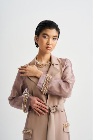 Cepleri Taş İşlemeli Organze Abaya - bej