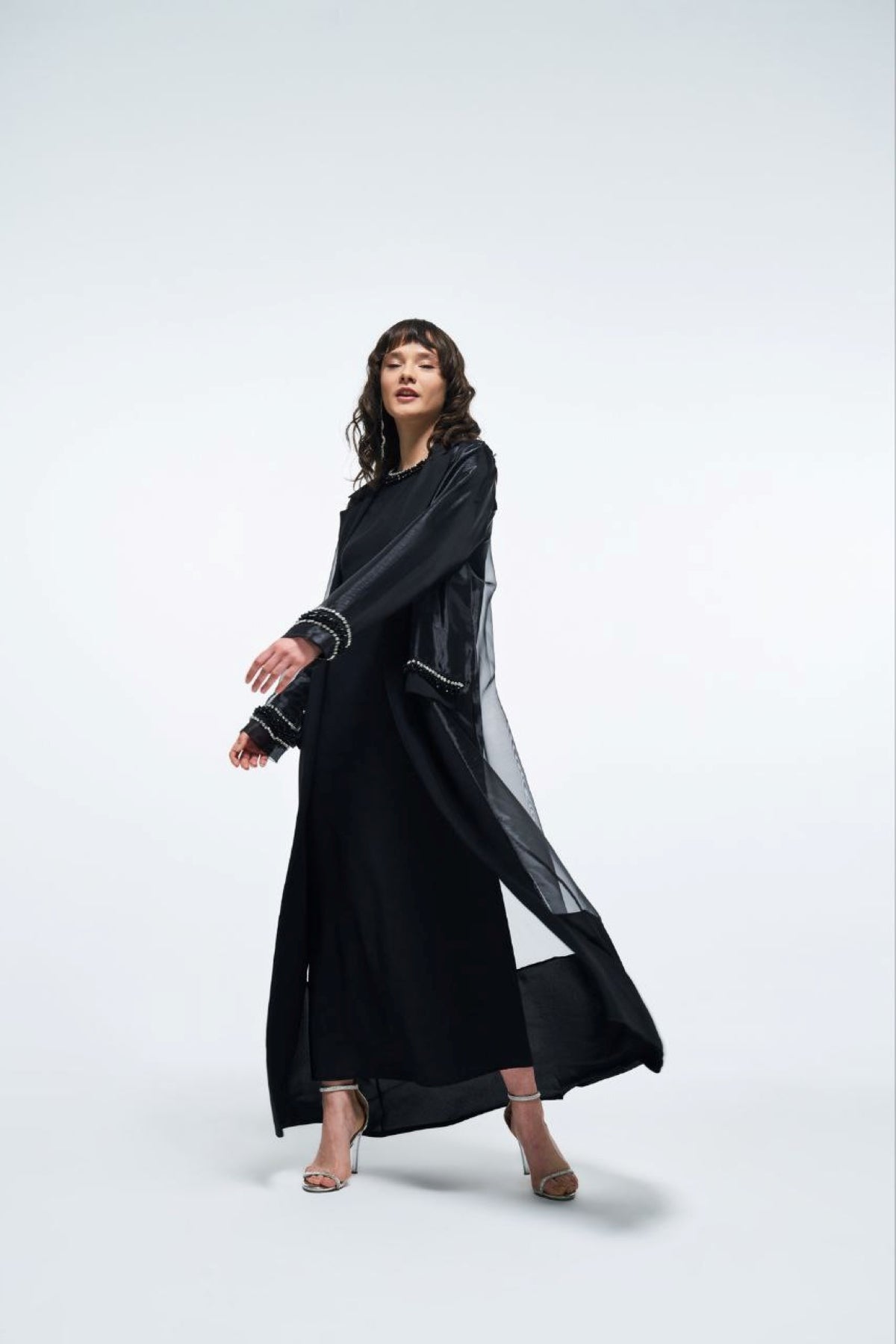 Cepleri Taş İşlemeli Organze Abaya - siyah