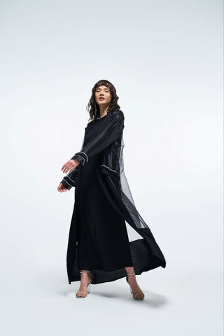 Cepleri Taş İşlemeli Organze Abaya - siyah