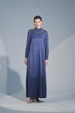 Ön Yaka ve Kol Uçları El İşi Taş Desen Detaylı Elbise - indigo