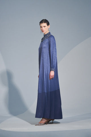 Ön Yaka ve Kol Uçları El İşi Taş Desen Detaylı Elbise - indigo