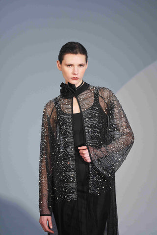 Taş Baskılı Tül Abaya - siyah