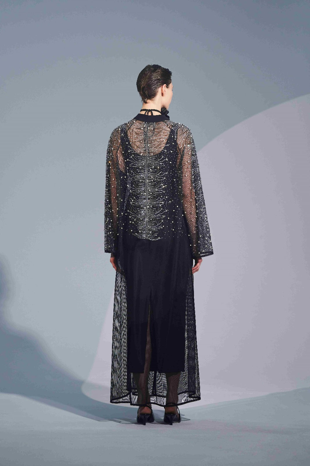 Taş Baskılı Tül Abaya - siyah