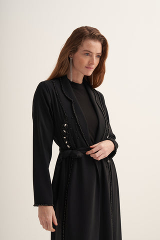Önü Taş ve Boncuk İşleme Detaylı Abaya - siyah