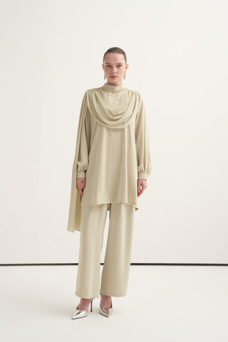 Önü Volanlı Taş ve Boncuk İşleme Detaylı İkili Takım - mimoza