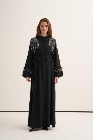 Kol Uçları Tüy Detaylı ve Taş İşlemeli Abaya - siyah