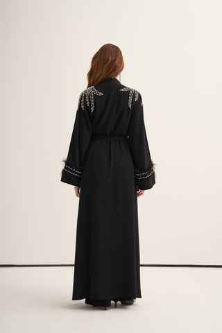 Kol Uçları Tüy Detaylı ve Taş İşlemeli Abaya - siyah