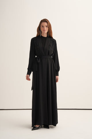 Önü Boncuk İşlemeli Abaya - siyah