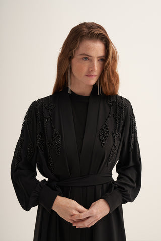 Önü Boncuk İşlemeli Abaya - siyah