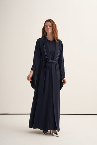 Yaka Patları Boncuk İşleme Detaylı Abaya - lacivert