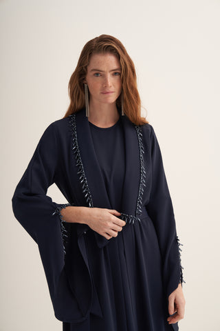 Yaka Patları Boncuk İşleme Detaylı Abaya - lacivert