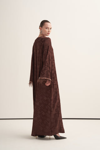 Elişi ve Tüy Detaylı İpek Jakar Elbise - kahve