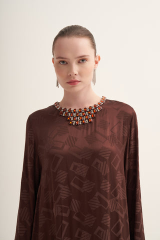 Elişi ve Tüy Detaylı İpek Jakar Elbise - kahve