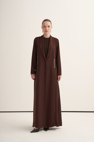Önü Taş ve Boncuk İşleme Detaylı Abaya - kahve