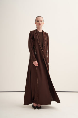 Önü Taş ve Boncuk İşleme Detaylı Abaya - kahve