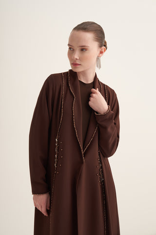 Önü Taş ve Boncuk İşleme Detaylı Abaya - kahve