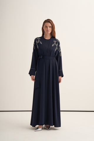 Omuzları ve Kol Uçları Taş ve Boncuk İşlemeli Abaya - lacivert