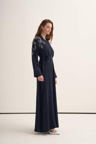 Omuzları ve Kol Uçları Taş ve Boncuk İşlemeli Abaya - lacivert