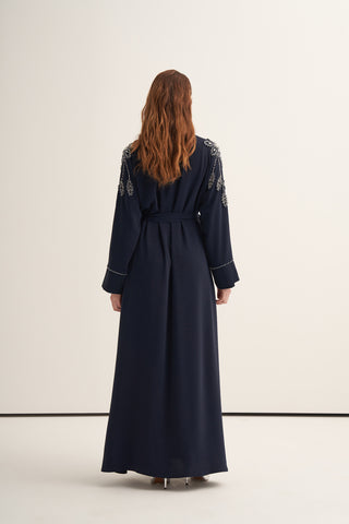 Omuzları ve Kol Uçları Taş ve Boncuk İşlemeli Abaya - lacivert