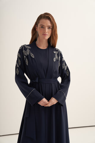 Omuzları ve Kol Uçları Taş ve Boncuk İşlemeli Abaya - lacivert