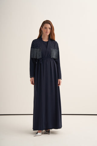 Boncuk İşlemeli ve Püsküllü Abaya - lacivert