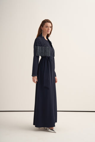 Boncuk İşlemeli ve Püsküllü Abaya - lacivert