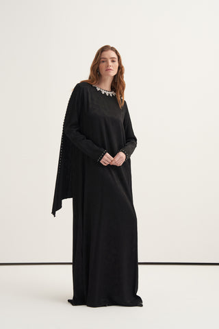 Yakası Taş İşlemeli Çiçek Desen Kumaşlı Elbise - siyah