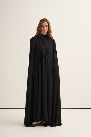 Yanları Volanlı Boncuk İşlemeli Elbise - siyah