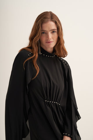 Yanları Volanlı Boncuk İşlemeli Elbise - siyah