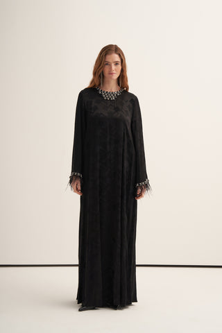 Elişi ve Tüy Detaylı İpek Jakar Elbise - siyah