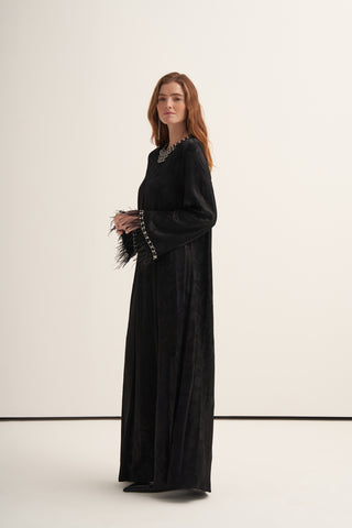 Elişi ve Tüy Detaylı İpek Jakar Elbise - siyah