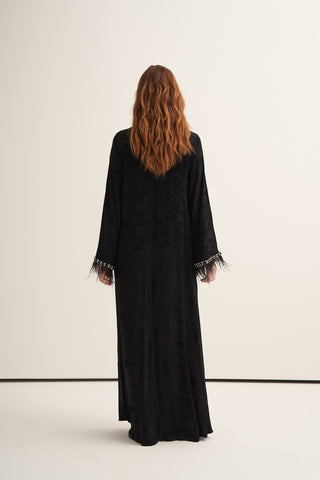 Elişi ve Tüy Detaylı İpek Jakar Elbise - siyah