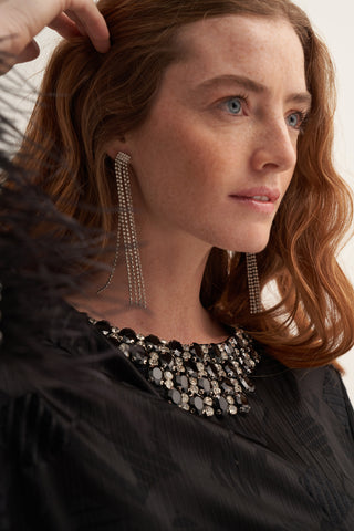 Elişi ve Tüy Detaylı İpek Jakar Elbise - siyah