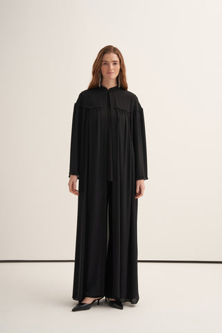 Önü ve Kolları Büzgülü Boncuk İşlemeli Abaya - siyah