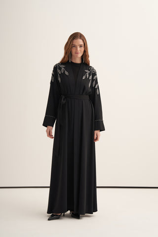 Omuzları ve Kol Uçları Taş ve Boncuk İşlemeli Abaya - siyah
