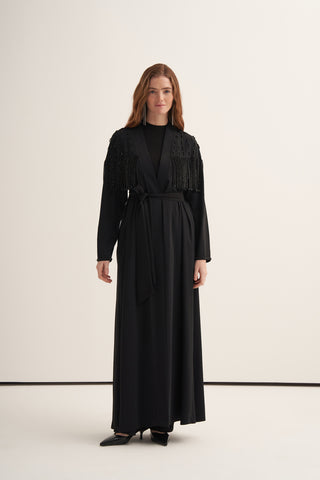 Boncuk İşlemeli ve Püsküllü Abaya - siyah
