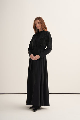 Boncuk İşlemeli ve Püsküllü Abaya - siyah