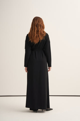 Boncuk İşlemeli ve Püsküllü Abaya - siyah