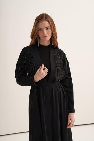Boncuk İşlemeli ve Püsküllü Abaya - siyah