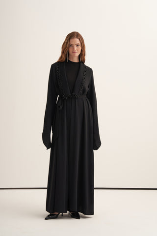 Yaka Patları Boncuk İşleme Detaylı Abaya - siyah