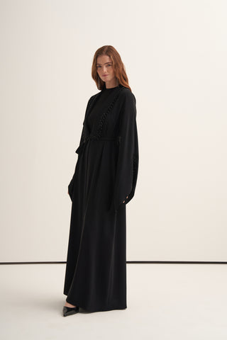 Yaka Patları Boncuk İşleme Detaylı Abaya - siyah